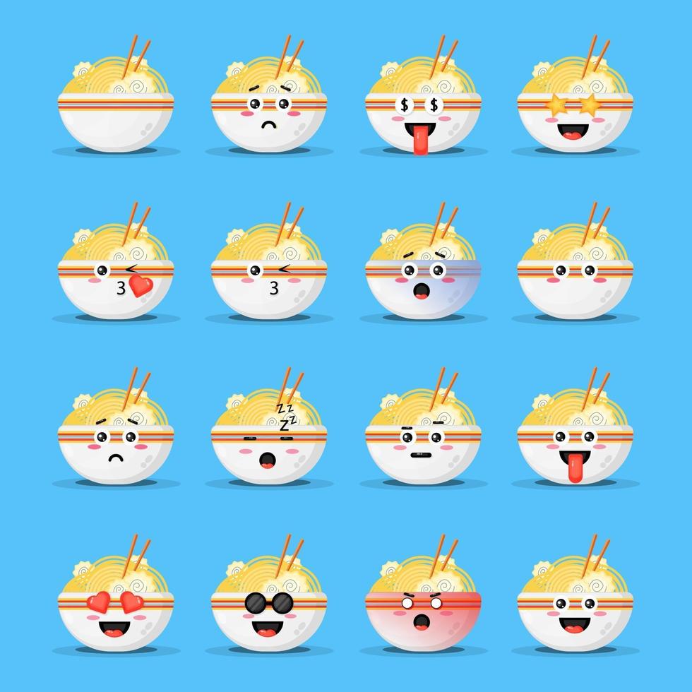 ramen carino con set di emoticon vettore