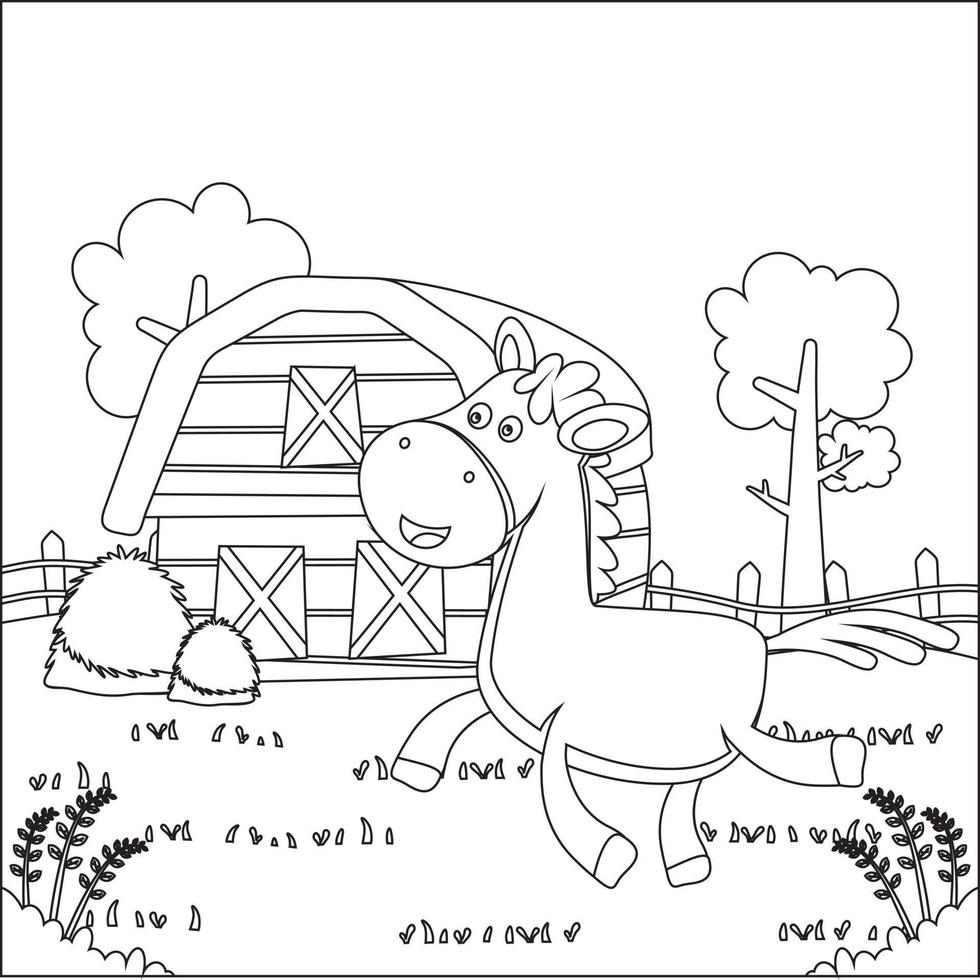 contento cavallo e amico cartone animato nel il azienda agricola con verde campo. creativo vettore infantile design per bambini attività colorazione libro o pagina.