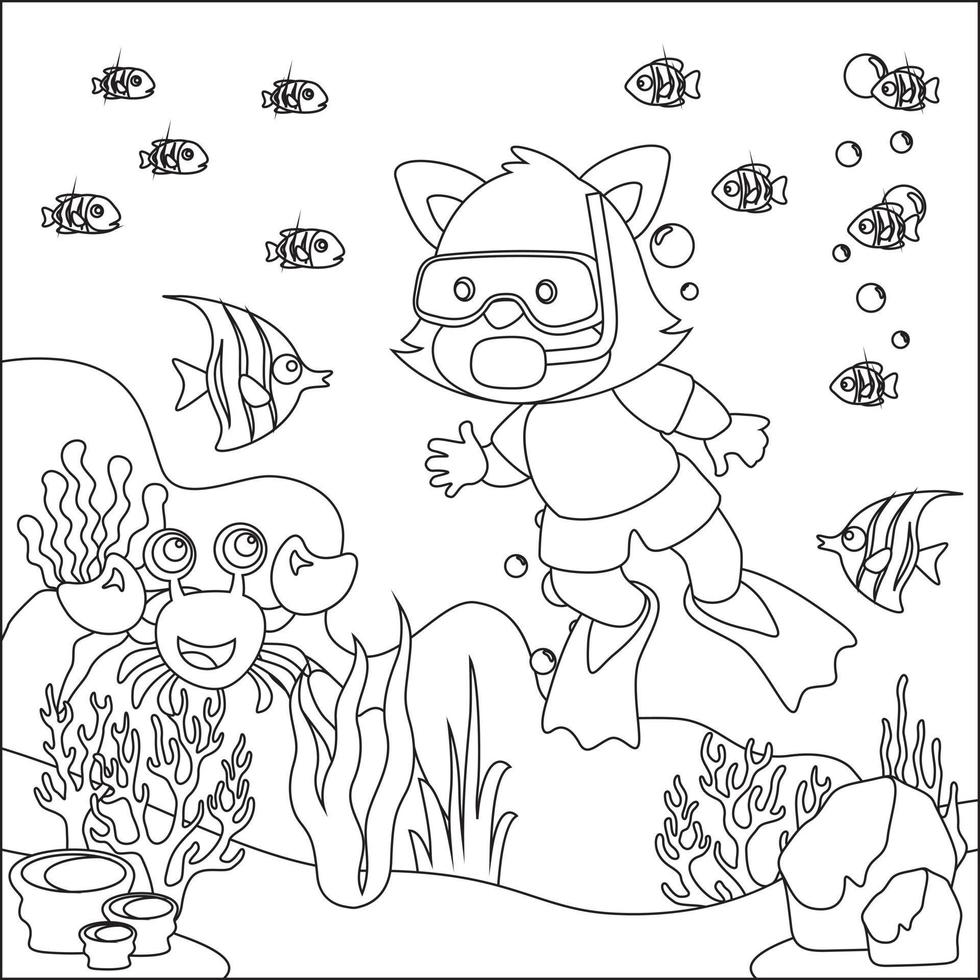 vettore cartone animato illustrazione di poco animale immersione sotto mare con cartone animato stile infantile design per bambini attività colorazione libro o pagina.