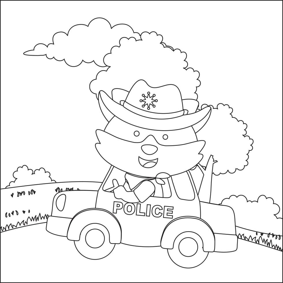 carino poco polizia Volpe guida un' auto partire per centro divertente animale cartone animato, di moda bambini grafico con linea arte design mano disegno schizzo vettore illustrazione per adulto e bambini colorazione libro.