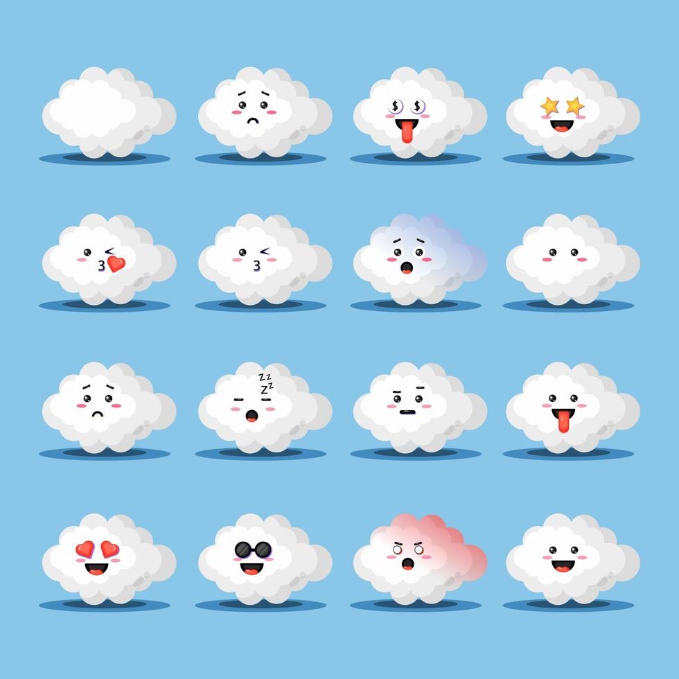 set di nuvole carine con emoticon vettore