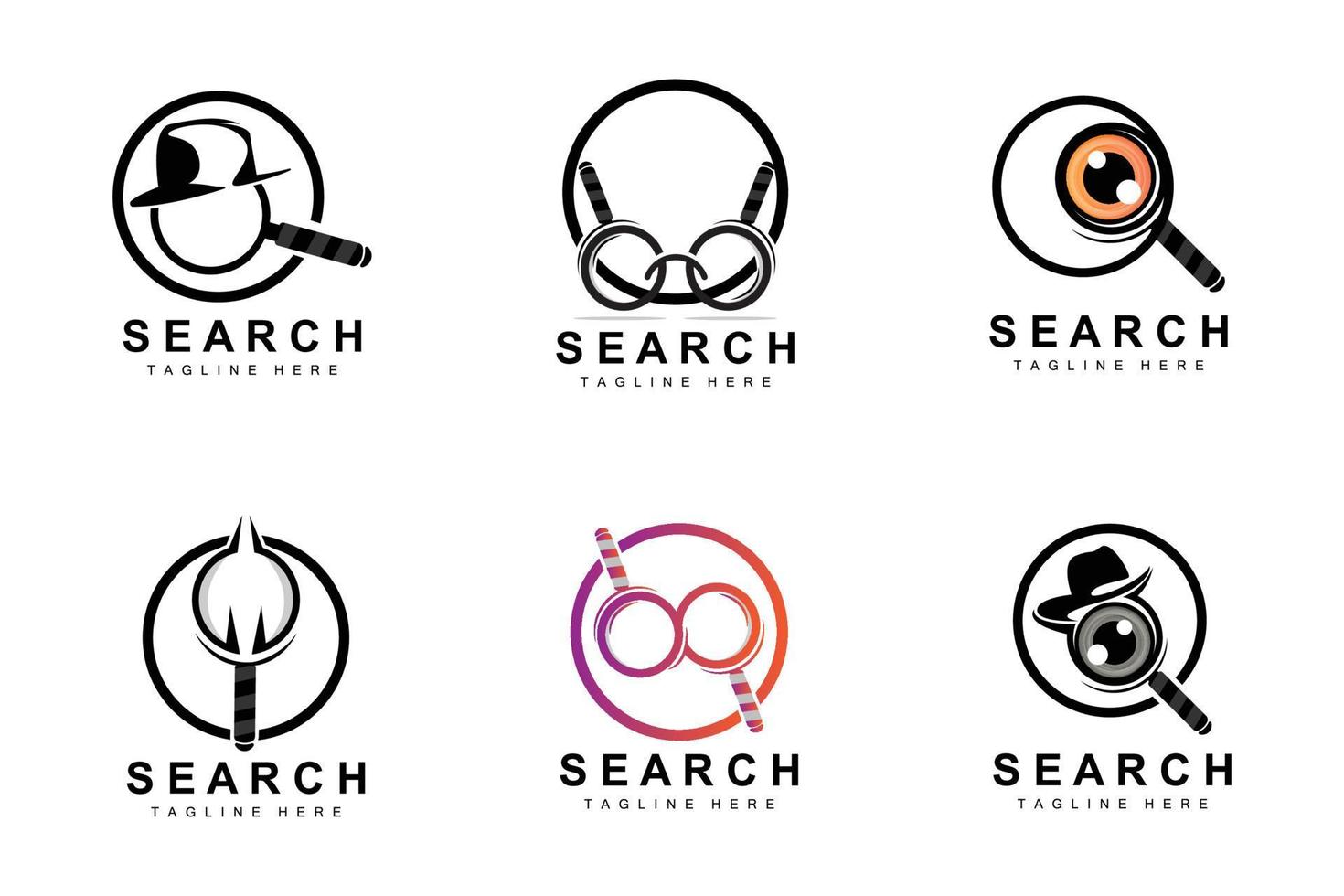 ricerca logo disegno, investigatore illustrazione, casa ricerca, bicchiere lente, azienda marca vettore