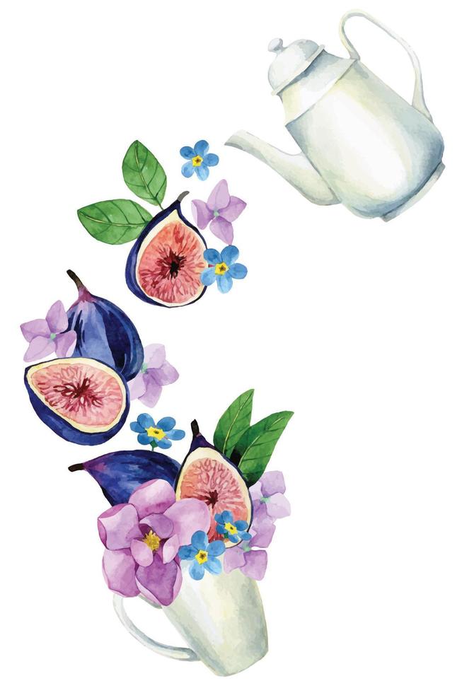 acquerello disegno. teiera e tazza di tè con fiori e tropicale frutta. fichi e fiori vettore