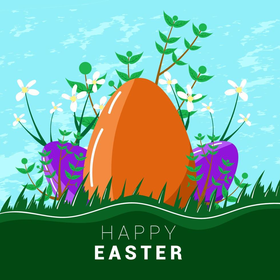 contento Pasqua saluto carta disegno, manifesto design con fiori, foglie, uova e erba decorazione nel piatto design stile vettore