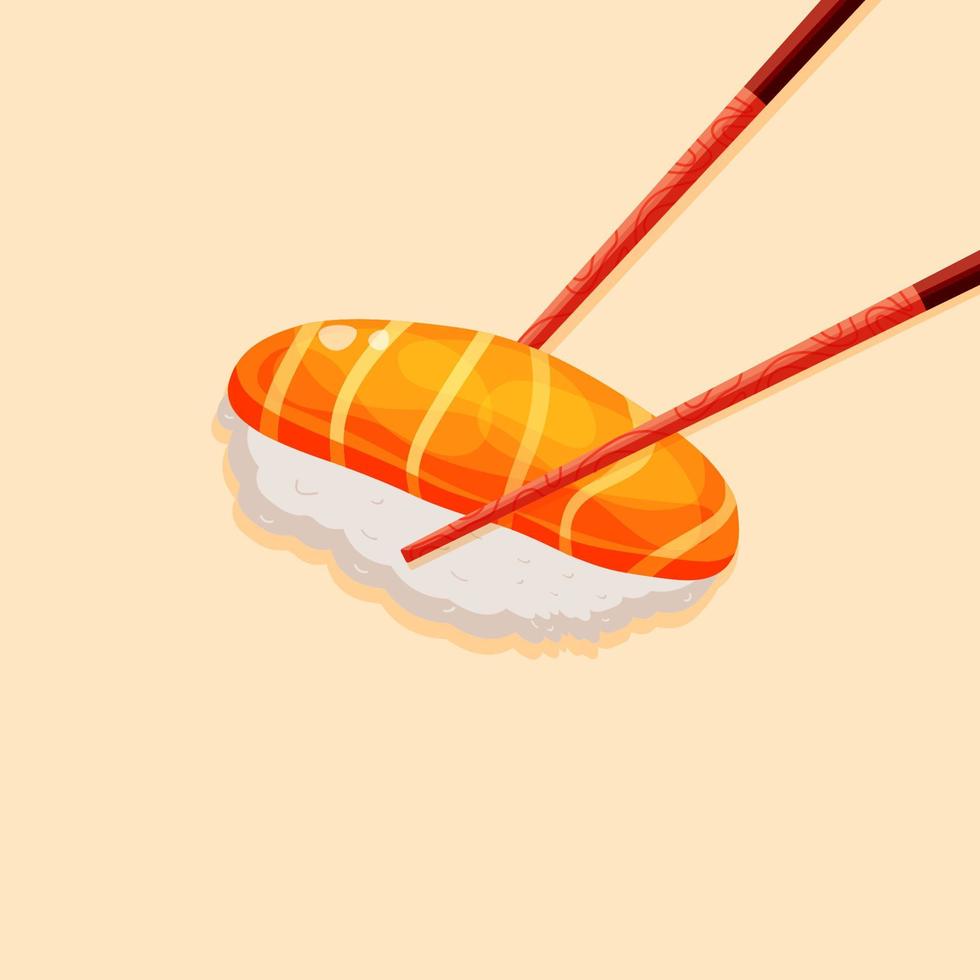 Sushi cibo. nigiri con salmone con bacchette. asiatico cartone animato sashimi. Sushi vettore