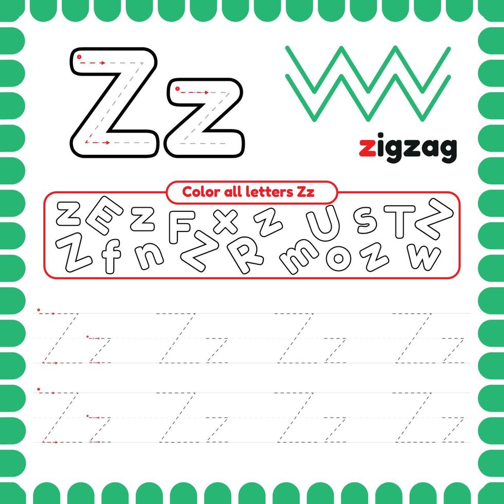 alfabeto tracciato foglio di lavoro con lettere. scrittura pratica lettera z. vettore