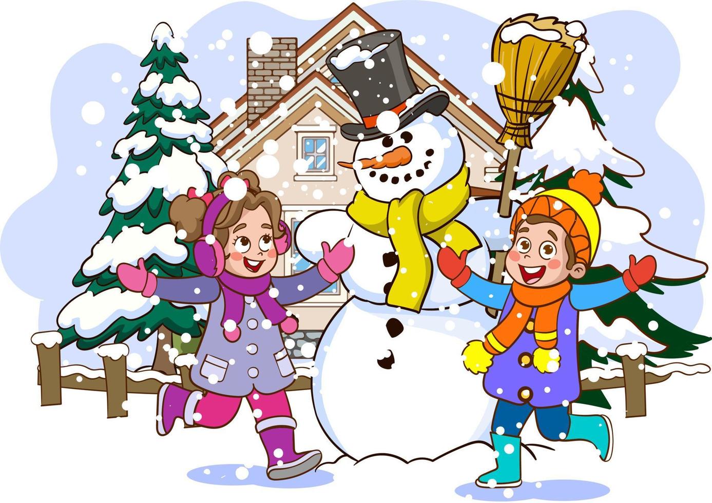 inverno nevicando e bambini avendo divertimento fabbricazione pupazzo di neve vettore