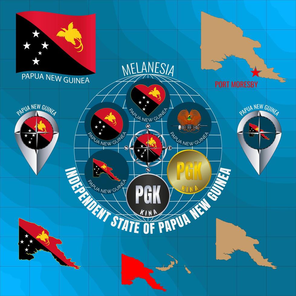 impostato di vettore illustrazioni di bandiera, schema carta geografica, icone di indipendente stato di papua nuovo Guinea. viaggio concetto.