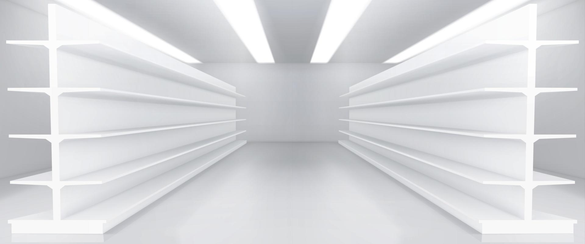 realistico supermercato interno con bianca scaffali vettore