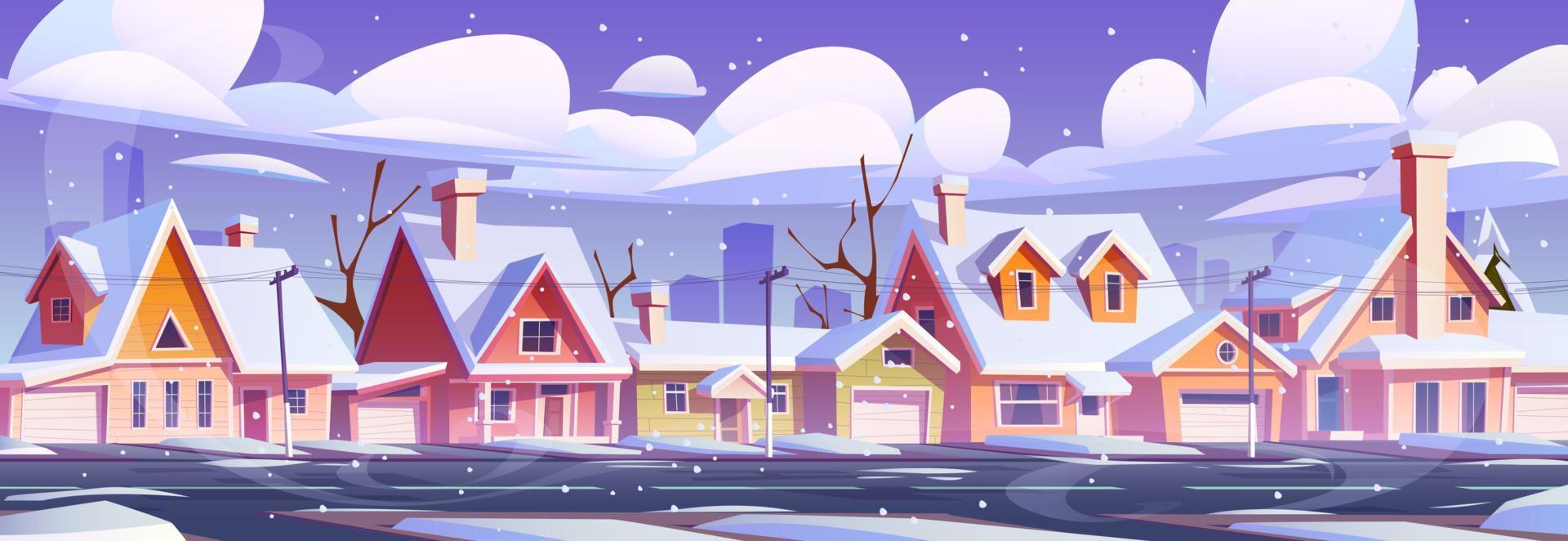 cartone animato nevoso inverno strada nel suburbano cittadina vettore