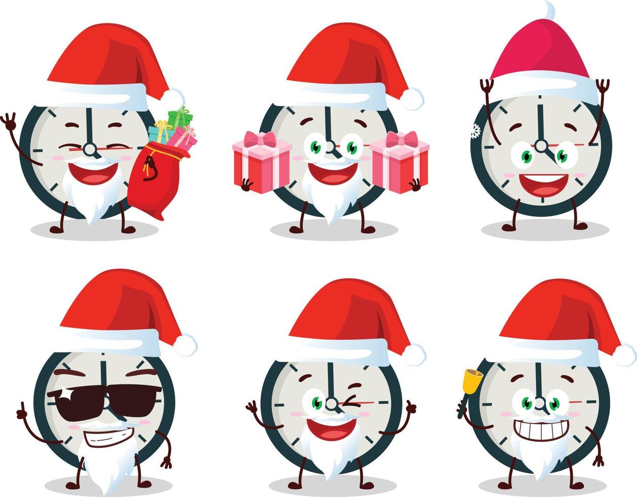 Santa Claus emoticon con orologio cartone animato personaggio vettore