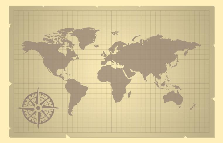 La mappa e la bussola di mondo sono aumentato su vecchia illustrazione di carta vettore