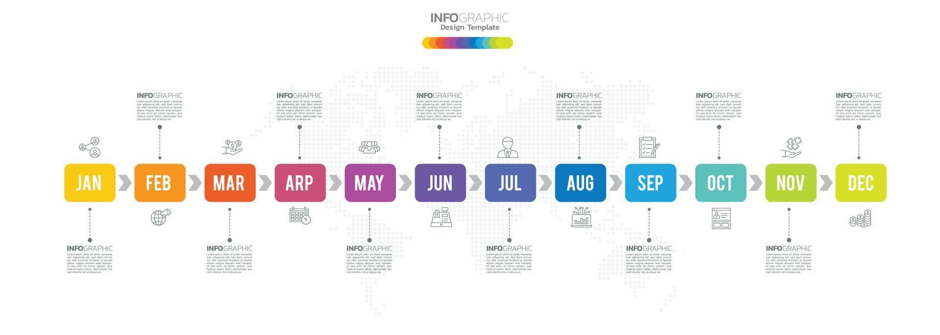 12 mesi moderno sequenza temporale diagramma calendario, Infografica modello per attività commerciale. vettore