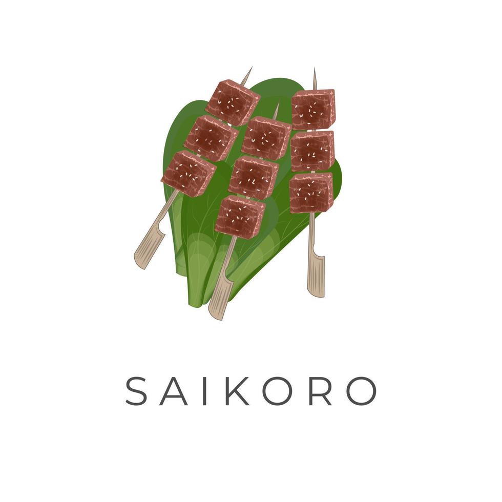 saikoro Manzo satay vettore illustrazione logo al di sopra di fresco verde verdure con bambù spiedo