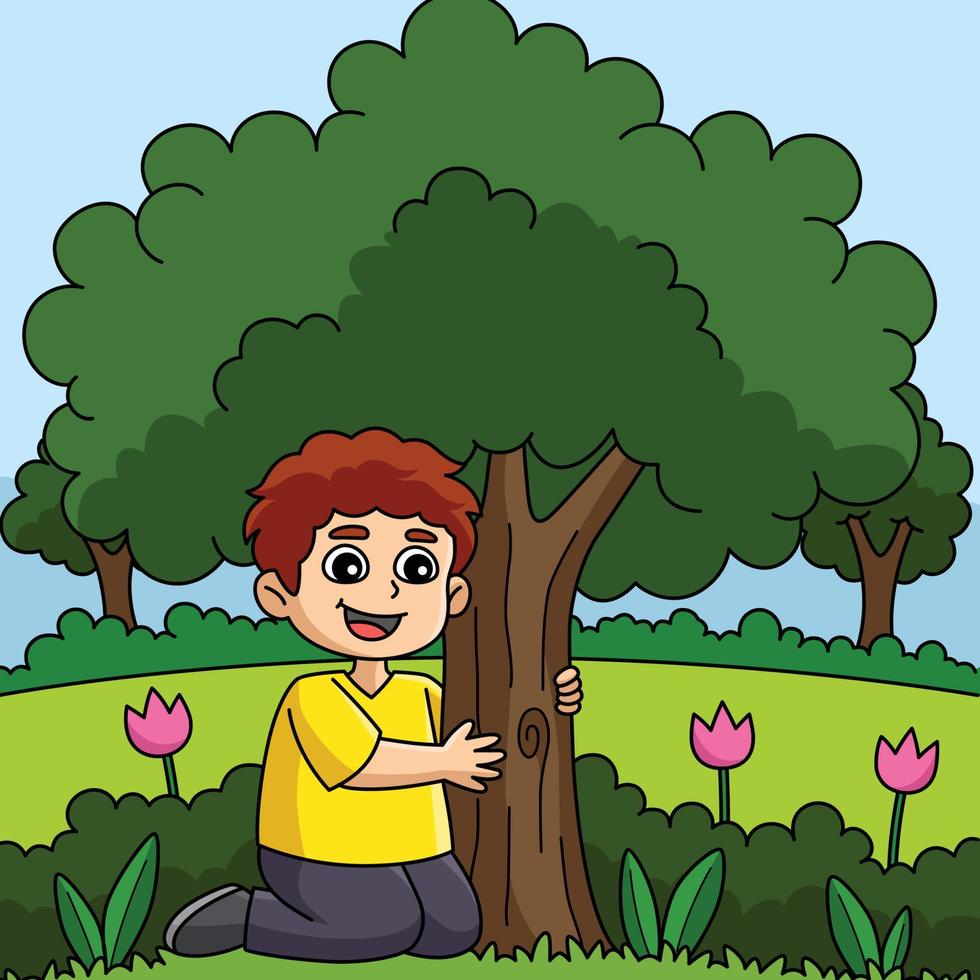 ragazzo abbracciare un' albero colorato cartone animato illustrazione vettore