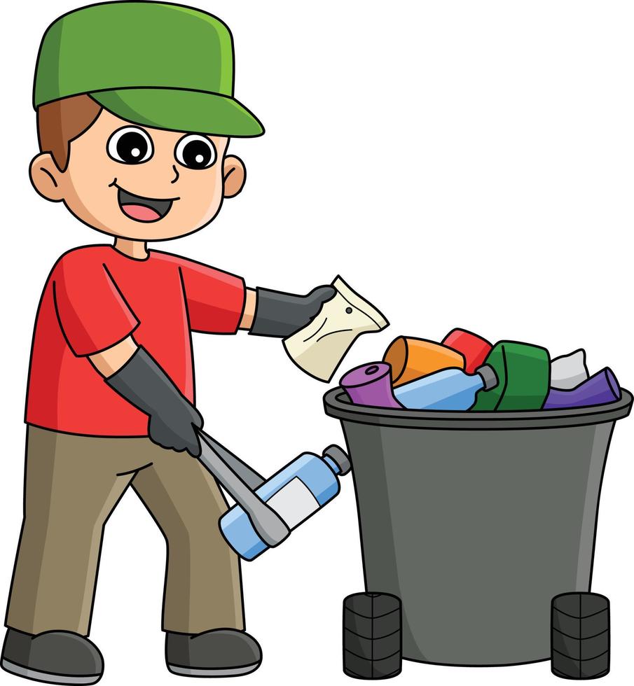 ragazzo raccolta su rifiuti cartone animato colorato clipart vettore