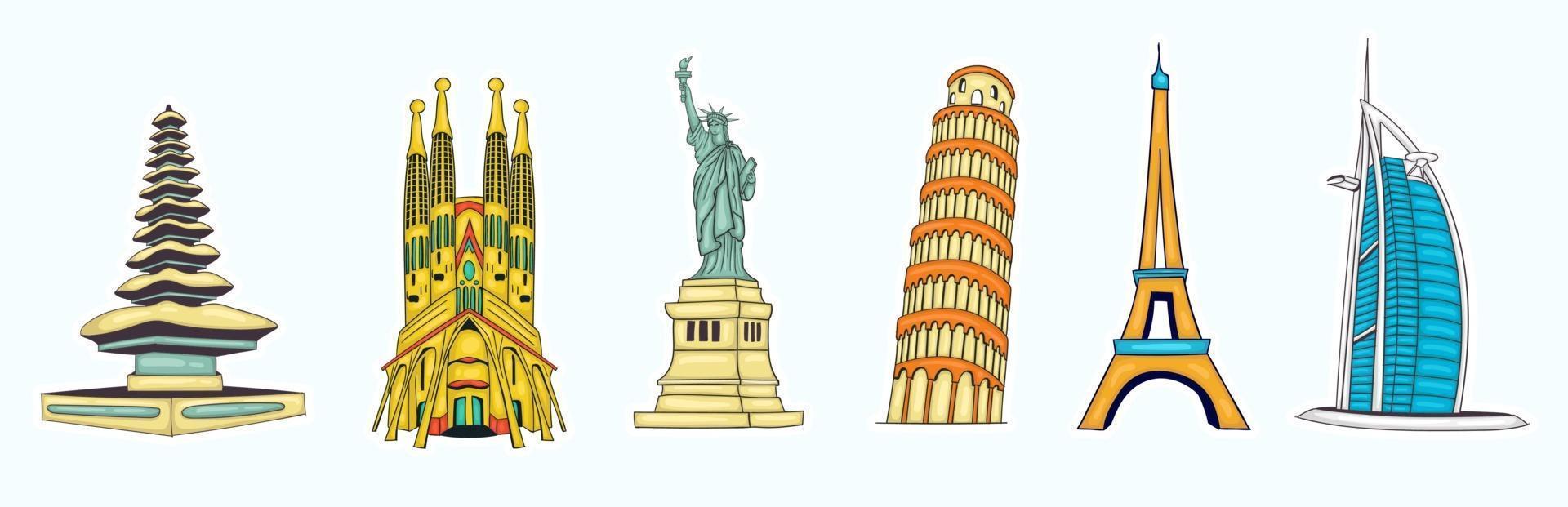 collezione di monumenti del mondo disegnati a mano colorati vettore