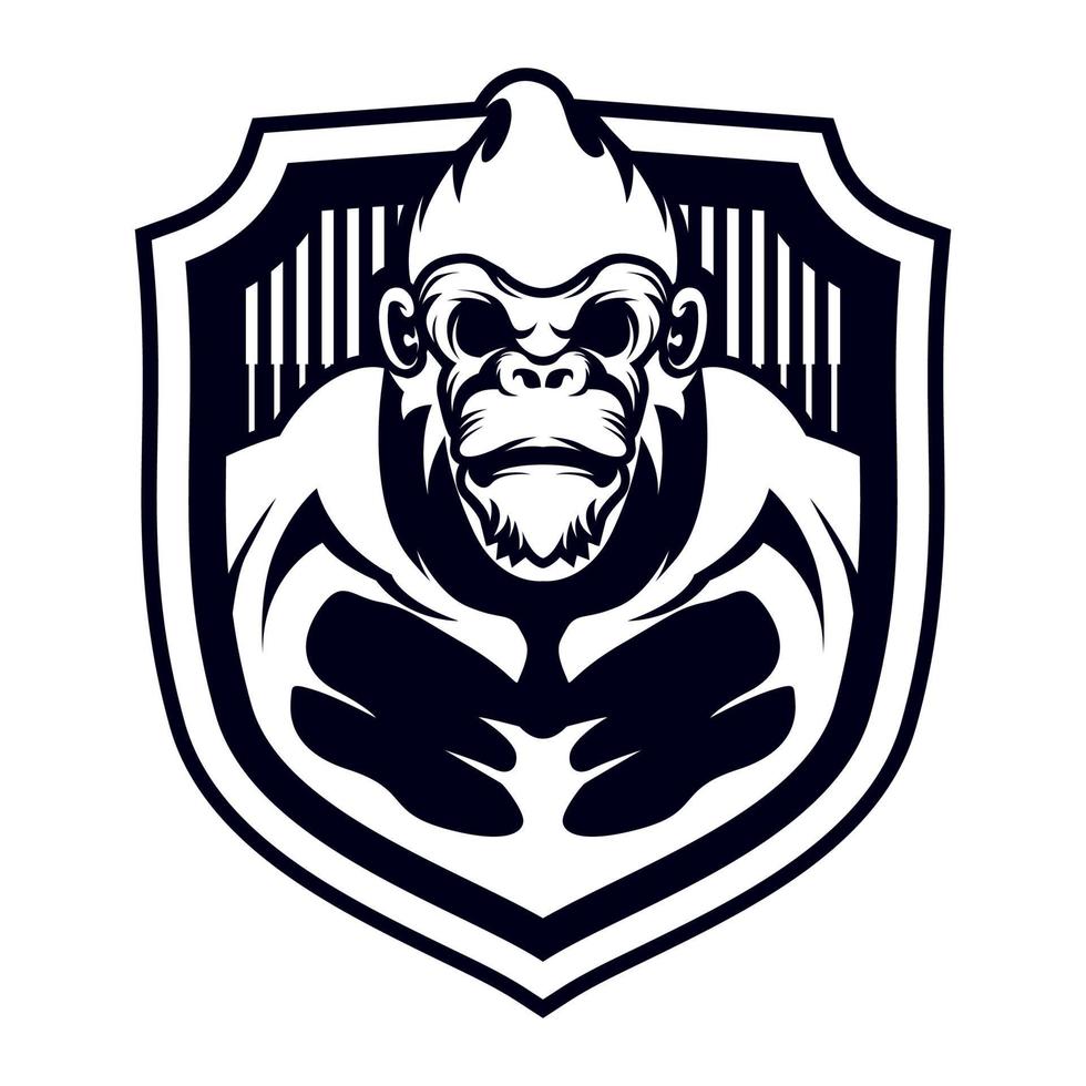 gorilla scudo logo. gorilla e scudo vettore distintivo logo modello. gorilla semplice silhouette scudo logo.