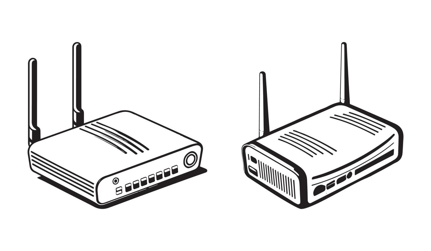 Wi-Fi router vettore nero schema isolato su bianca sfondo, router mano disegno schizzo linea arte.