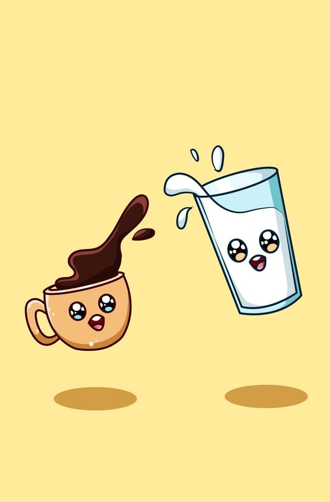illustrazione di cartone animato carino e felice caffè e latte vettore