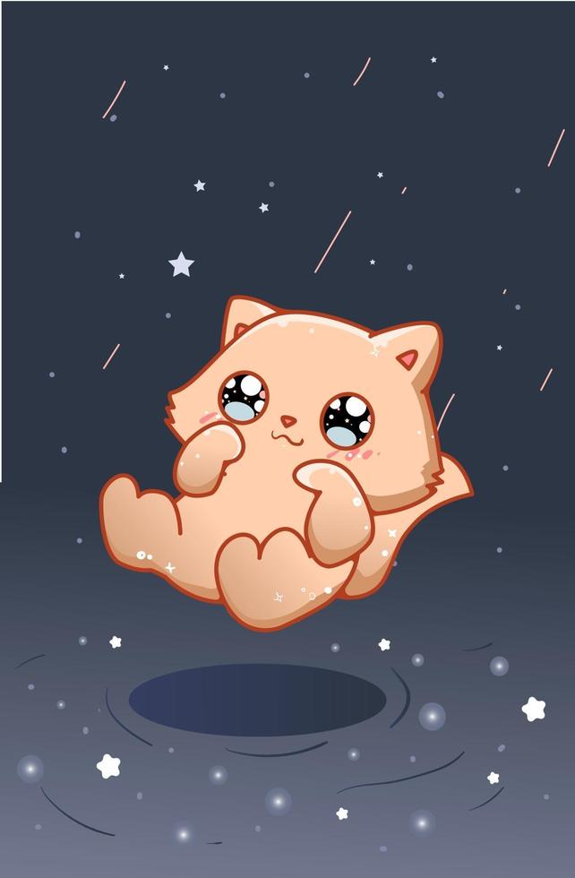 gatto carino e felice nell'illustrazione del fumetto del cielo notturno vettore