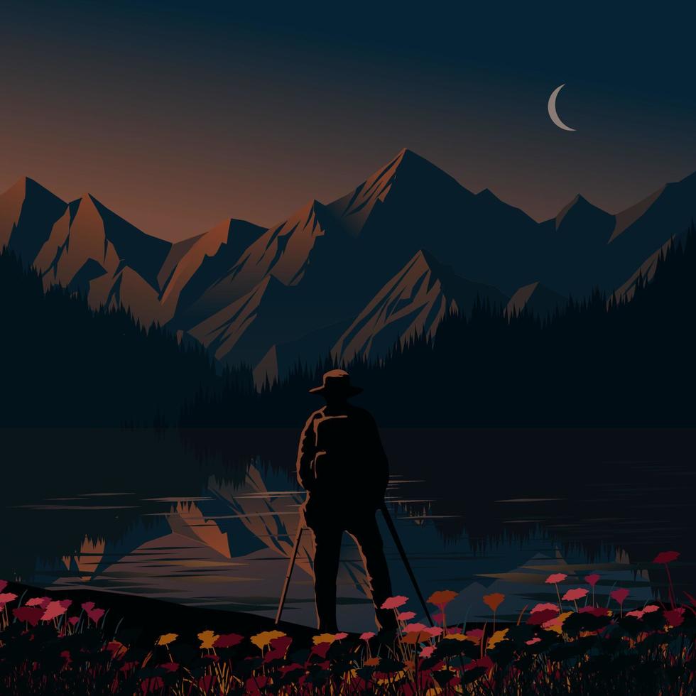 tranquillo, calmo montagna tramonto paesaggio con un' zaino in spalla in piedi a lago vettore