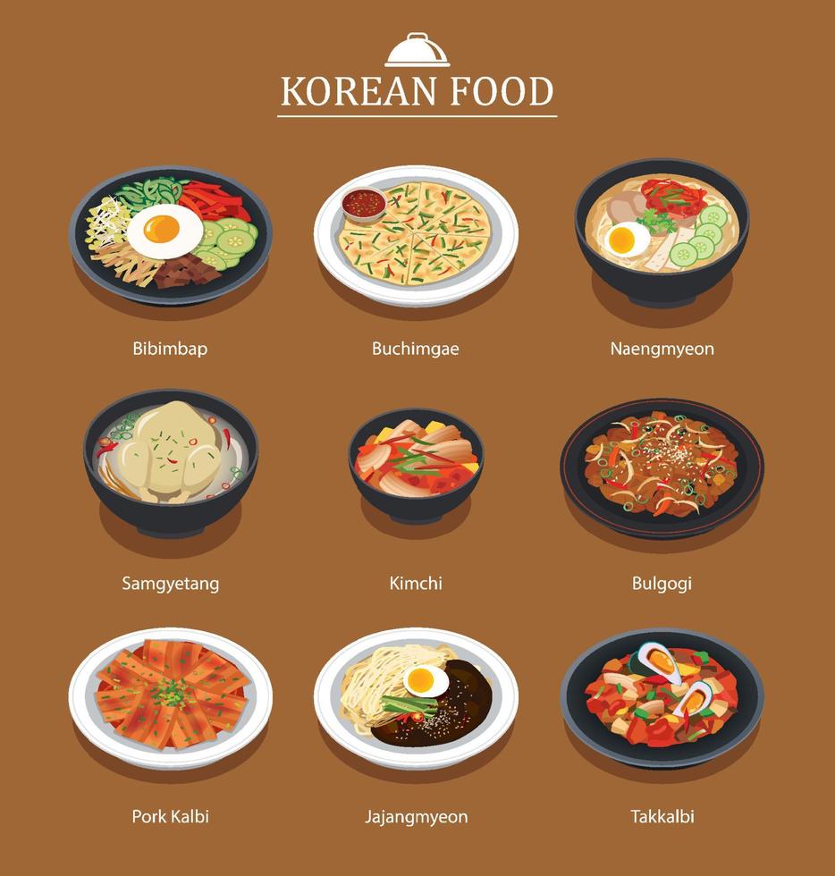 impostato di coreano cibo menù. Asia strada cibo illustrazione sfondo. vettore
