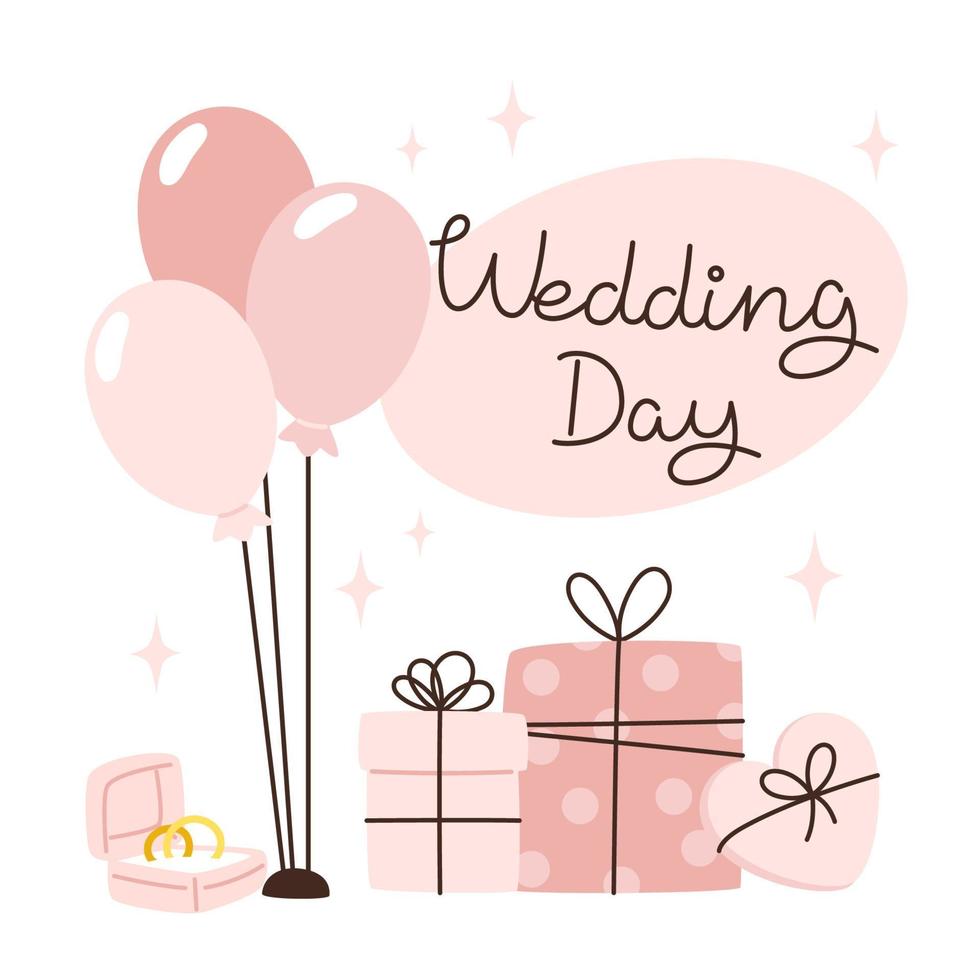 rosa scatola con coppia anelli, i regali e ballon per nozze giorno vettore