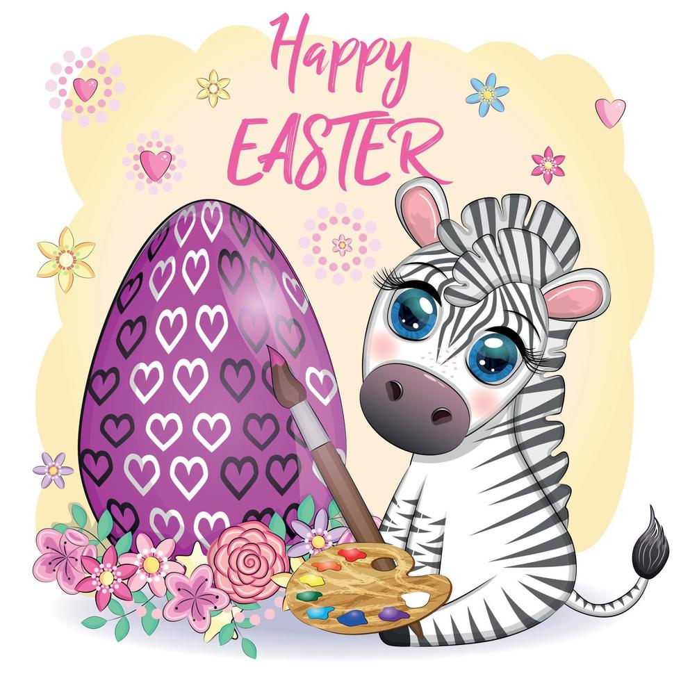 zebra con Pasqua uovo, fiori. Pasqua saluto carta vettore