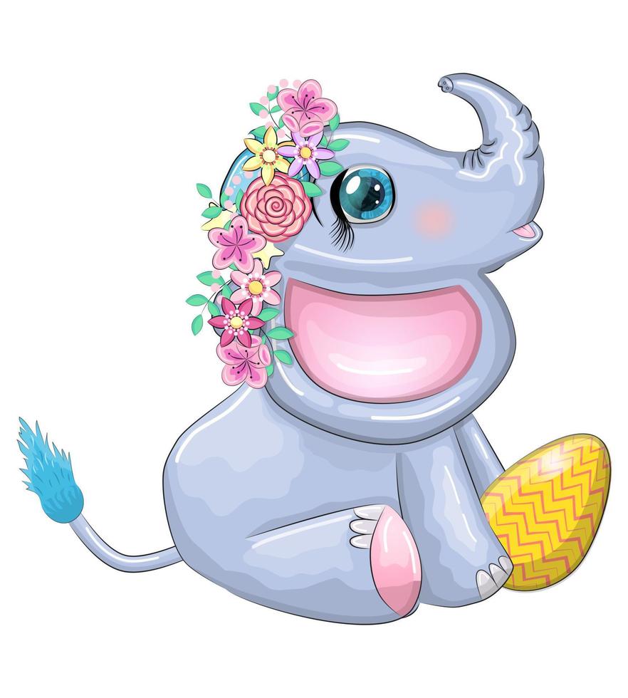 carino cartone animato elefante, infantile personaggio con bellissimo occhi Tenere Pasqua uovo vettore