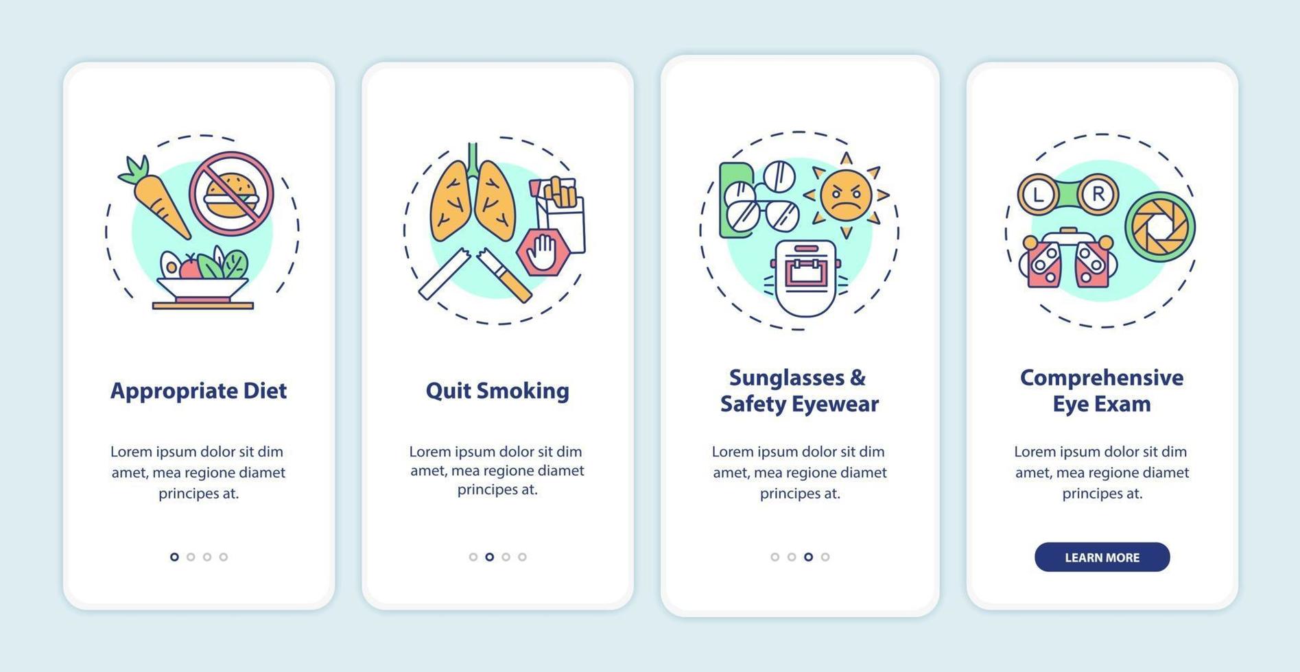 suggerimenti per la salute degli occhi onboarding schermata della pagina dell'app mobile con concetti vettore