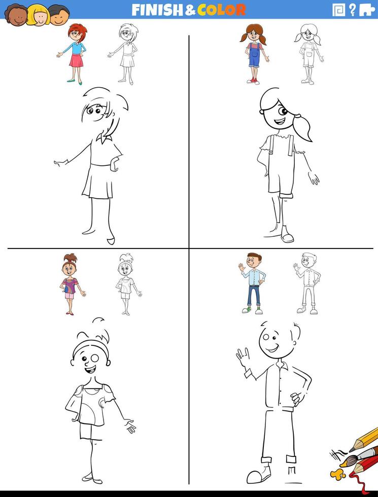 disegno e colorazione fogli di lavoro impostato con bambini personaggi vettore