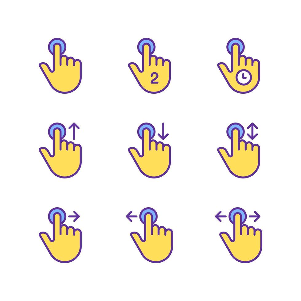 touch screen controllo pixel Perfetto giallo rgb colore icone impostare. navigazione gesti. smartphone e tavoletta. isolato vettore illustrazioni. semplice pieno linea disegni collezione. modificabile ictus