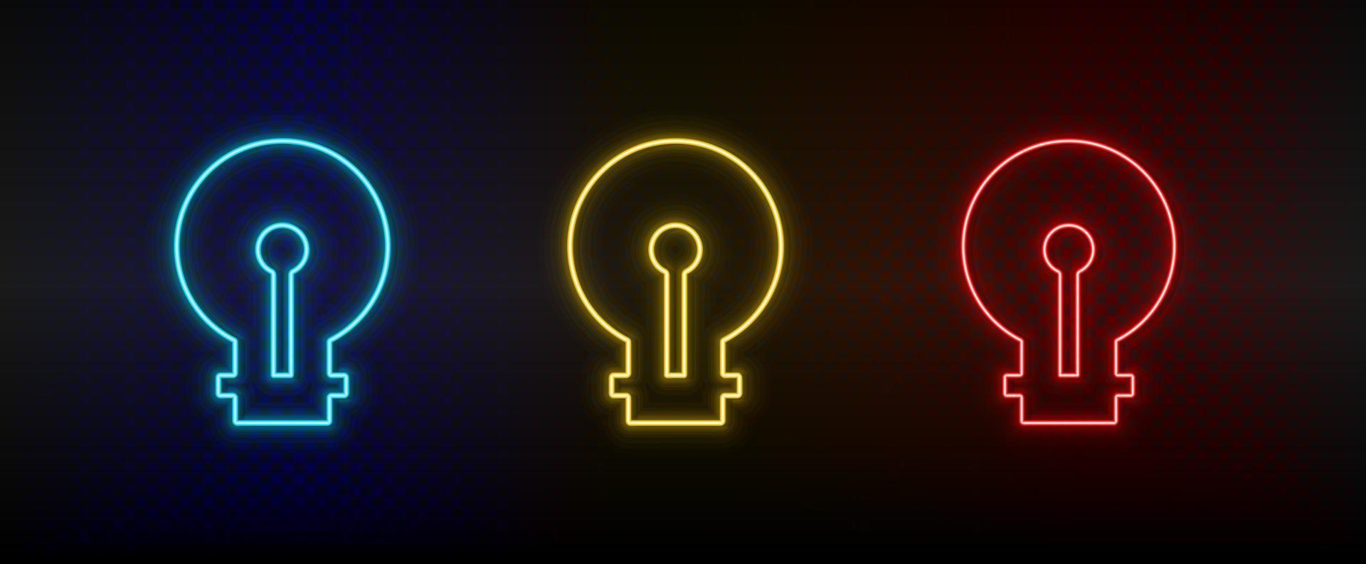 neon icona impostato luce, lampadina. impostato di rosso, blu, giallo neon vettore icona su buio trasparente sfondo