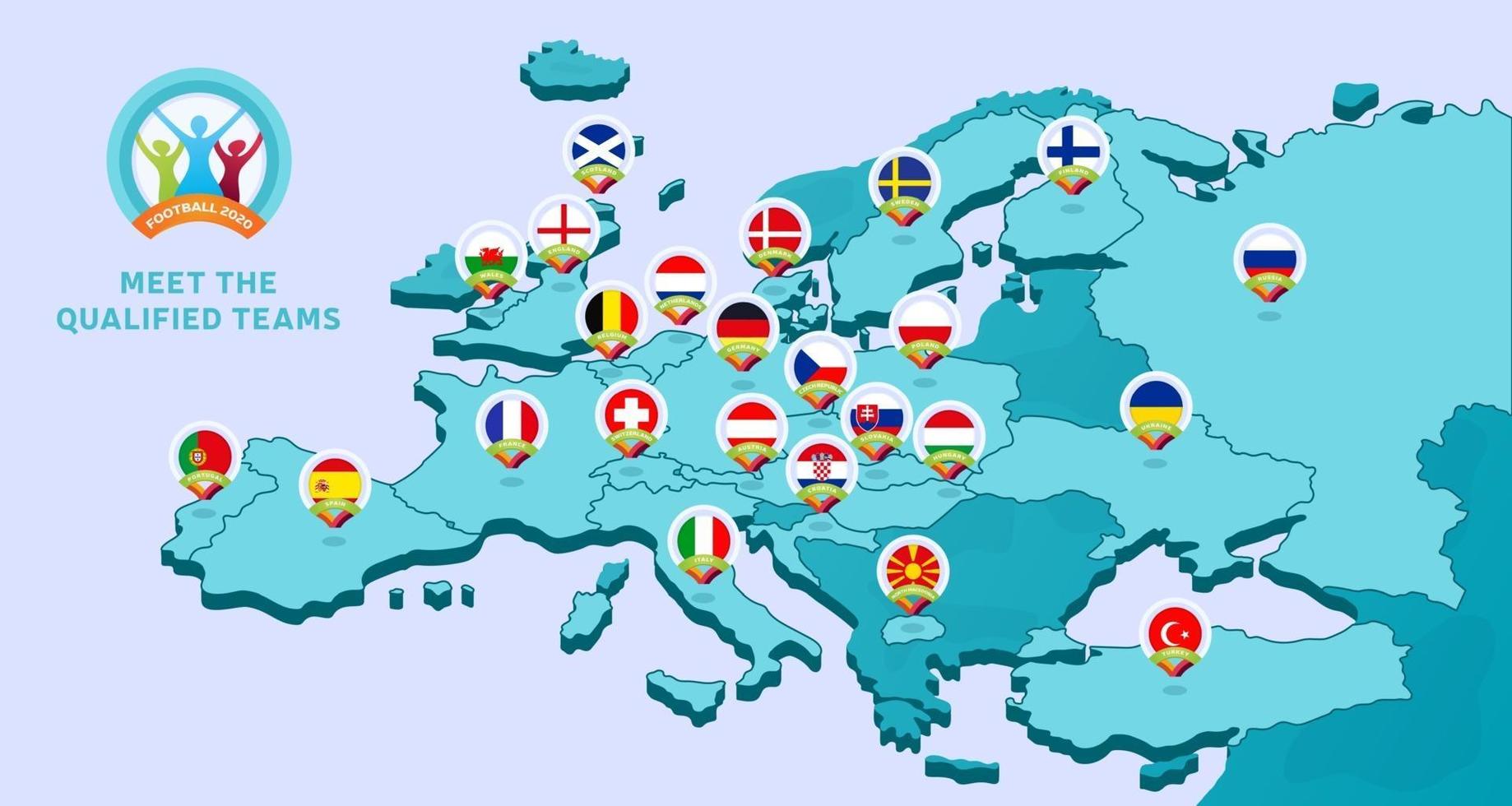 mappa isometrica dell'Europa con il calcio nazionale 2020 vettore