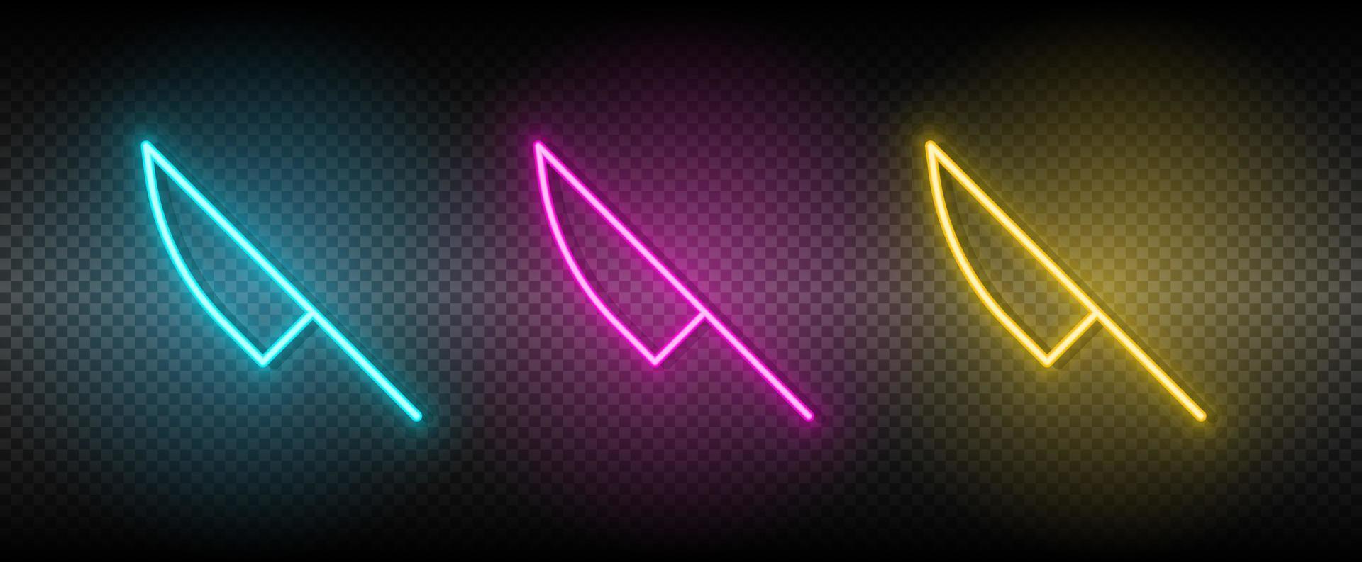 coltello, attrezzo vettore icona giallo, rosa, blu neon impostare. utensili vettore icona su buio trasparenza sfondo