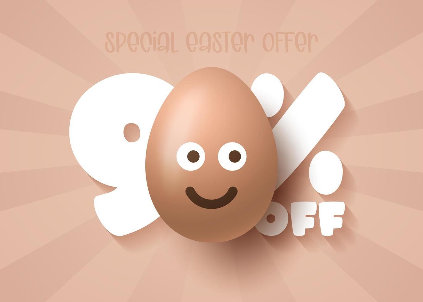 banner di vendita di buona pasqua. Pasqua vendita 90 di sconto modello di banner con sorriso emoji marrone uova di Pasqua. illustrazione vettoriale