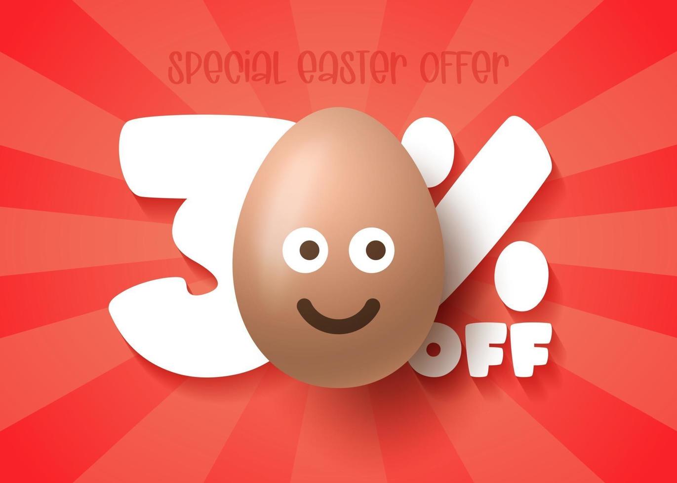 banner di vendita di buona pasqua. Pasqua vendita 30 di sconto modello di banner con sorriso emoji marrone uova di Pasqua. illustrazione vettoriale