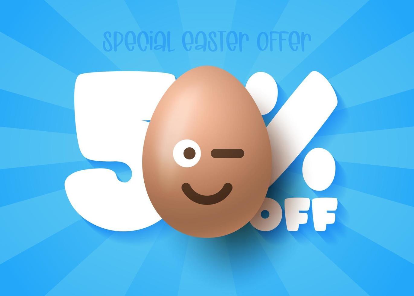 banner di vendita di buona pasqua. Pasqua vendita 50 sconto modello di banner con sorriso emoji marrone uova di Pasqua. illustrazione vettoriale