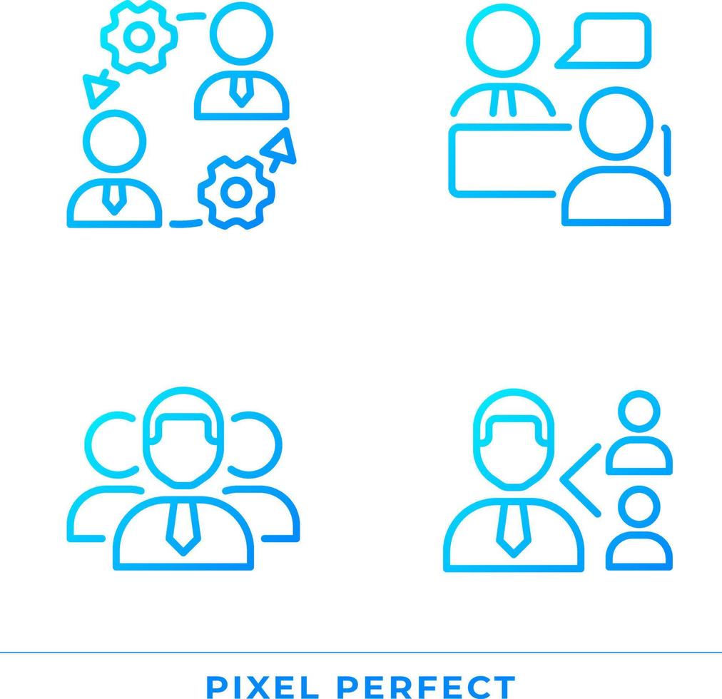 lavoro di squadra pixel Perfetto pendenza lineare vettore icone impostare. onboarding processi. lavoro colloquio. rinvio programma. magro linea contorno simbolo disegni fascio. isolato schema illustrazioni collezione