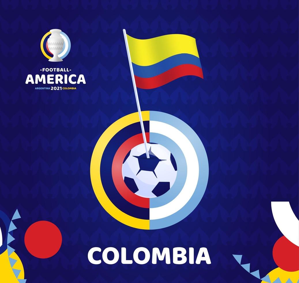 bandiera della colombia onda su palo e pallone da calcio. illustrazione vettoriale di sud america calcio 2021 argentina colombia. sfondo del modello di torneo