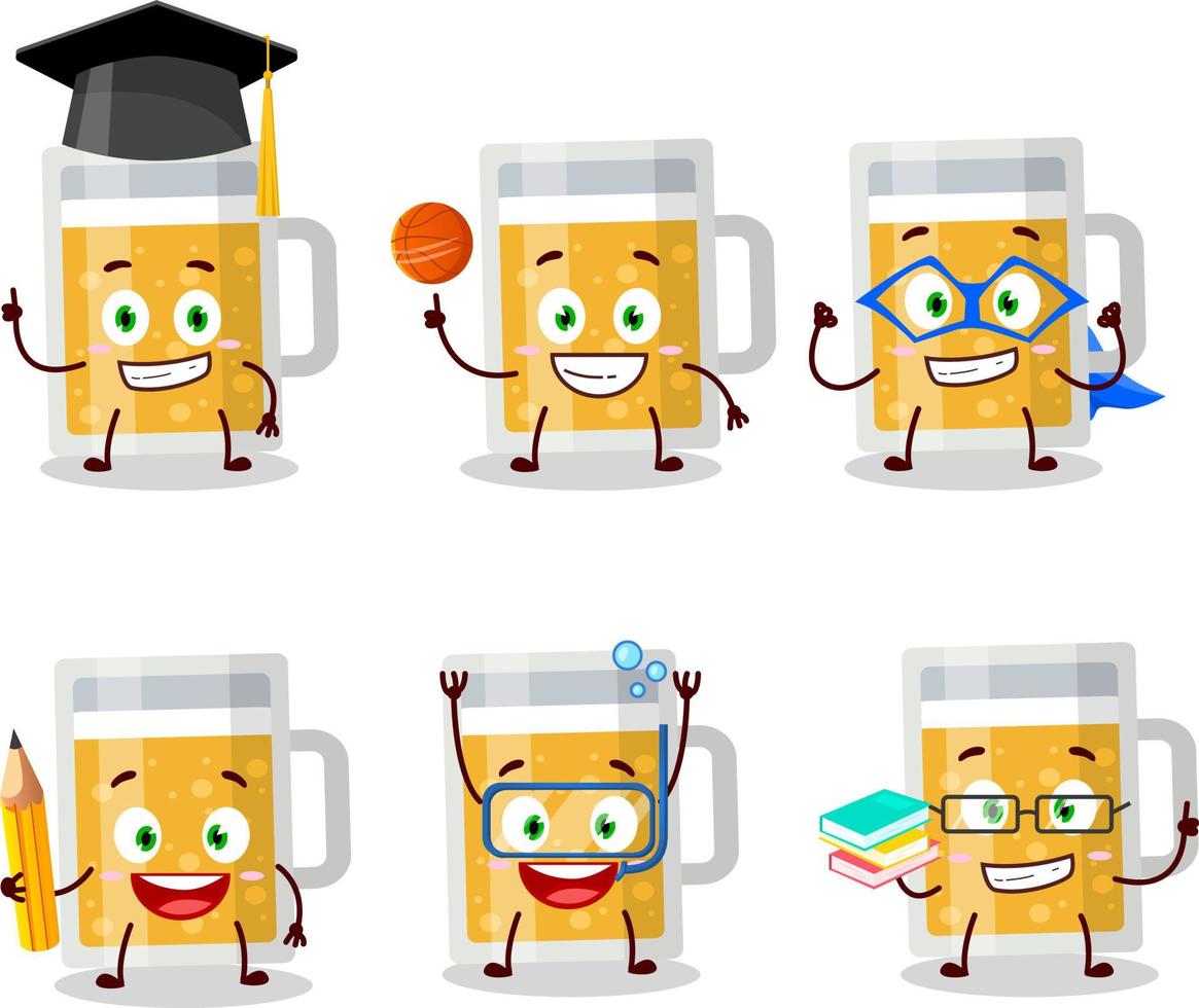 scuola alunno di boccale di birra cartone animato personaggio con vario espressioni vettore