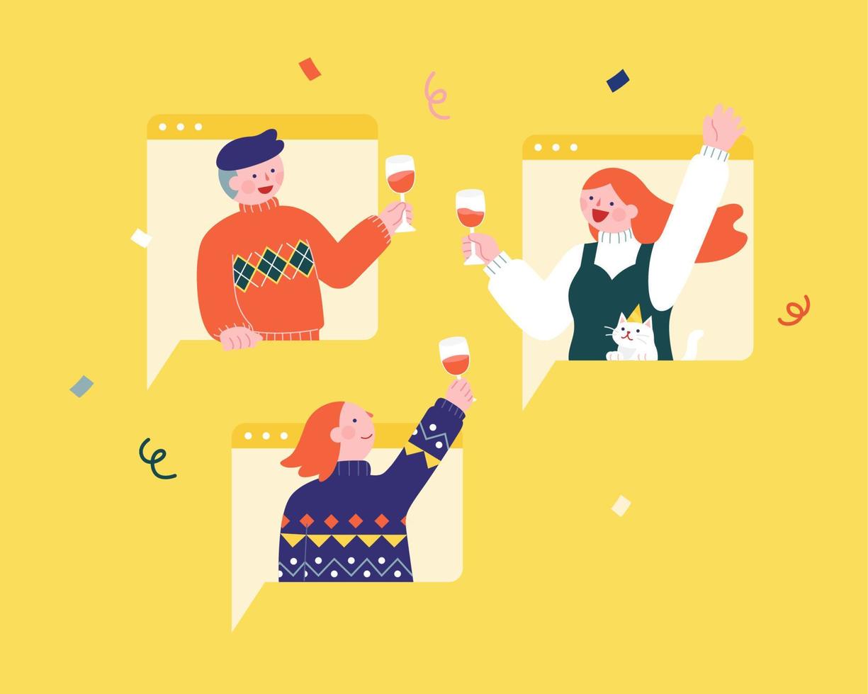piatto illustrazione di giovane persone Tenere vino bicchieri e fabbricazione un' crostini attraverso video Chiacchierare app. concetto di in linea festa e virtuale celebrazione. vettore