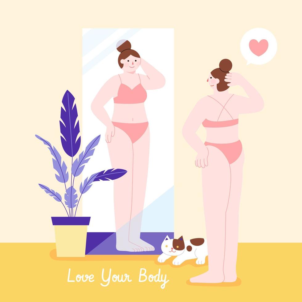 piatto illustrazione di un' donna guardare a sua corpo nel specchio con calligrafia decorazione. concetto di se stesso amore e corpo positività. vettore