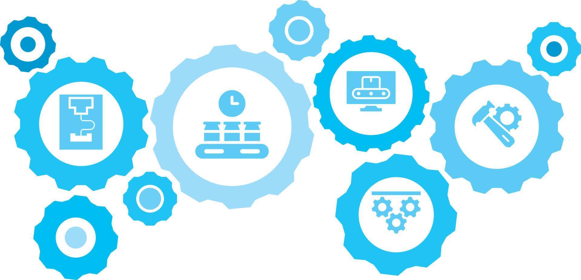 collegato ingranaggi e vettore icone per logistica, servizio, spedizione, distribuzione, trasporto, mercato, comunicare concetti. messa, produzione, martello Ingranaggio blu icona impostato su bianca sfondo