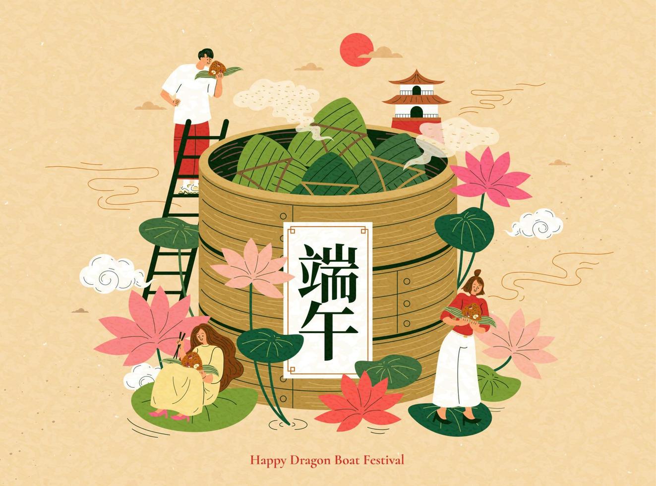 Drago barca Festival illustrazione. asiatico persone godere tradizionale riso gnocco in giro un' gigante bambù piroscafo. Duanwu Festival scritto nel Cinese. vettore