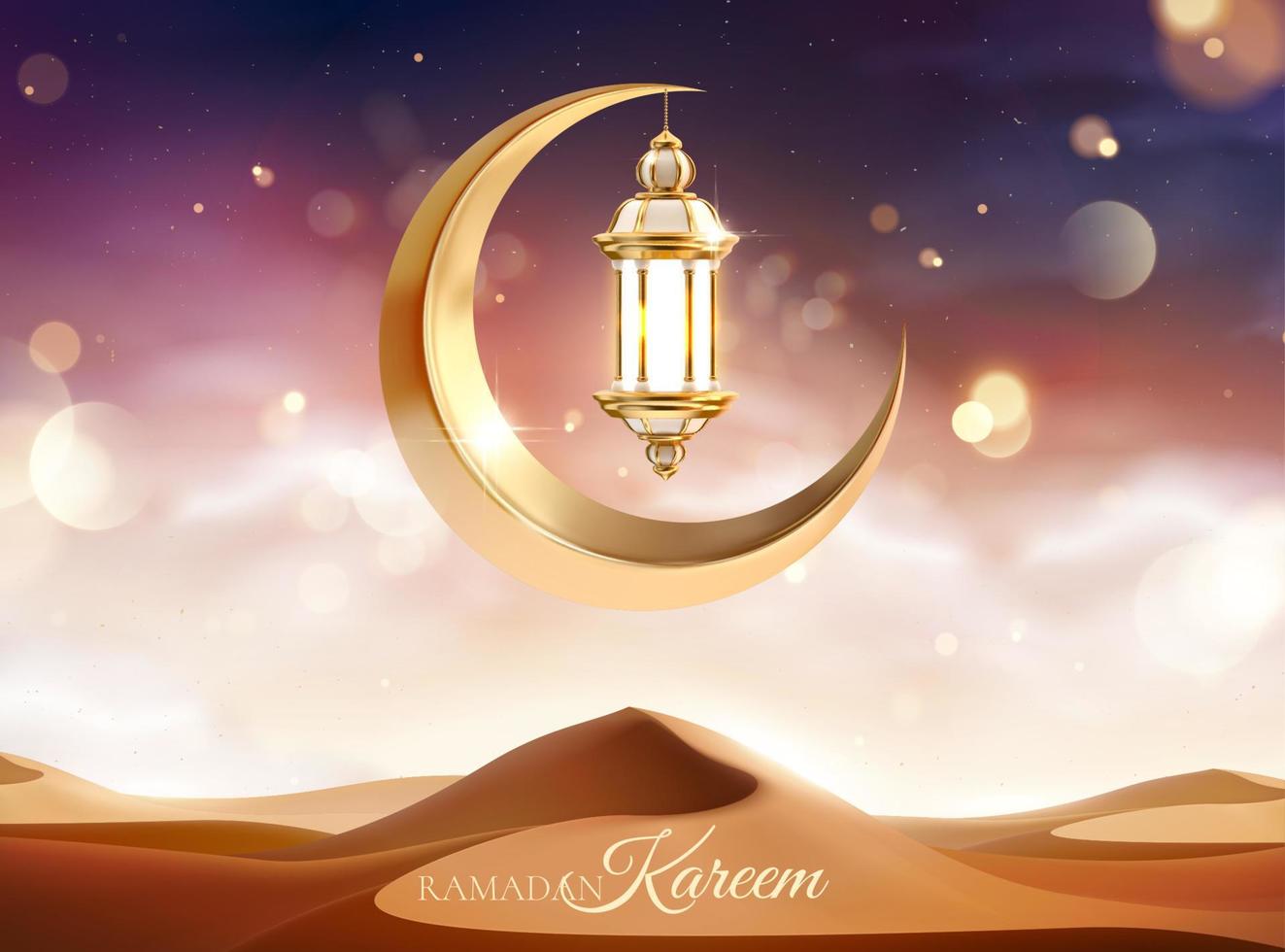 bellissimo deserto tramonto scenario con metallo Luna e lanterna decorazione. 3d islamico vacanza celebrazione sfondo adatto per Ramadan, eid al-Fitr o hari Raya. vettore