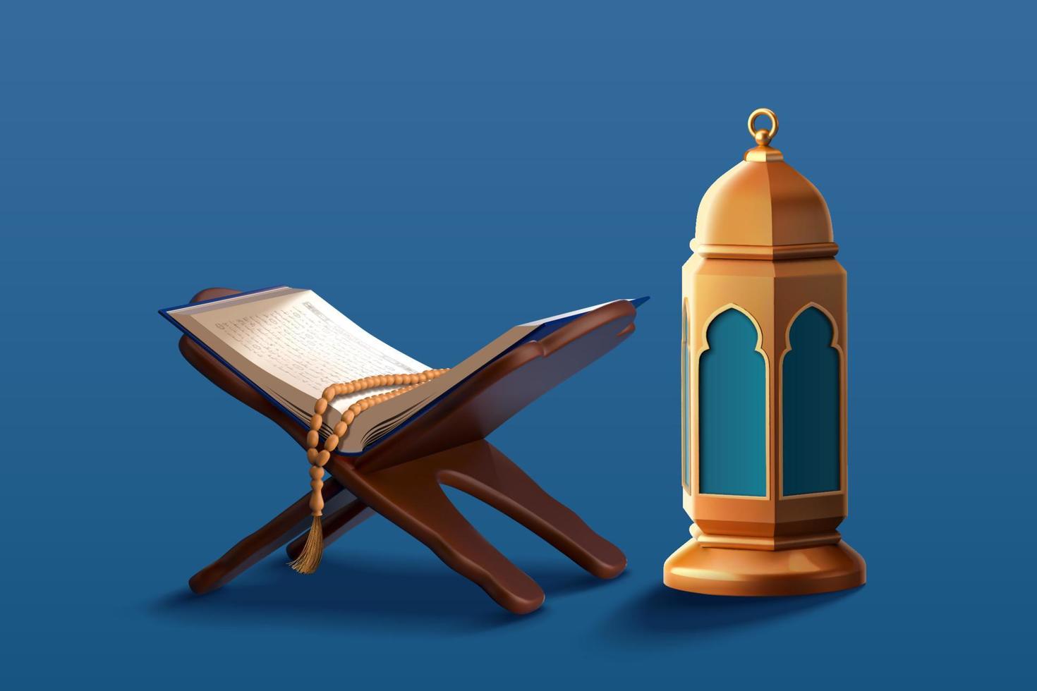 3d religione elemento collezione di islamico lanterna Fanoos e il santo Corano impostato su libro titolare con rosario. adatto per Ramadan o eid al adha decorazione. vettore
