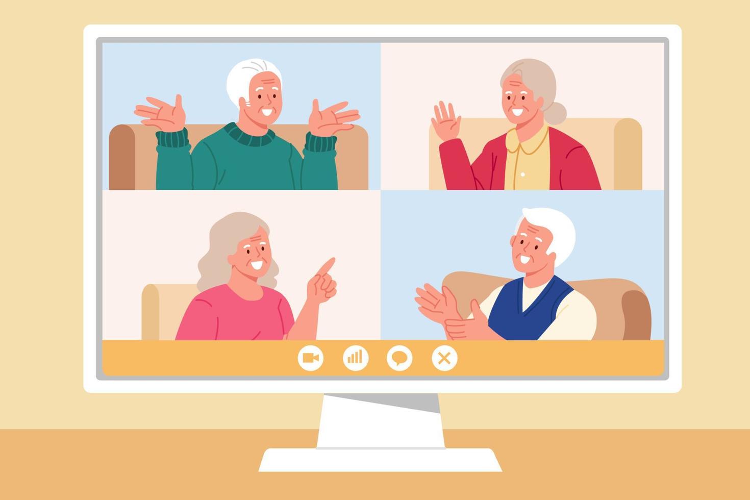 anziani chat su video chiamata. piatto illustrazione di vecchio persone avendo in linea incontro a loro casa vettore