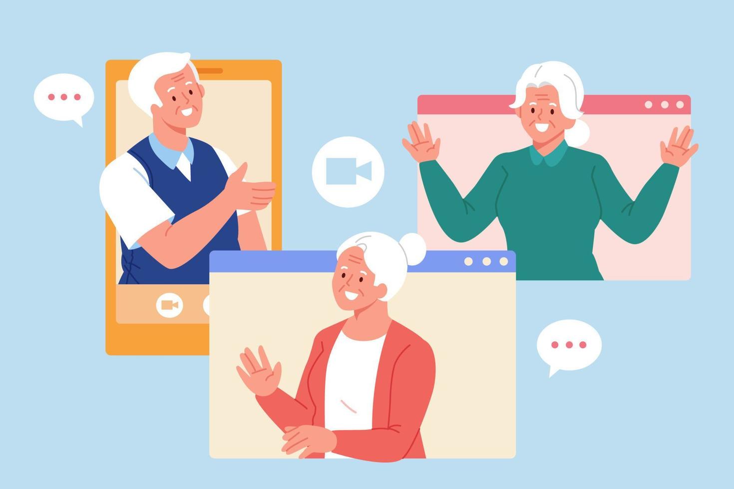 anziani avendo gruppo video chiamata. piatto illustrazione di vecchio persone parlando in linea nel un' incontro camera su Internet vettore